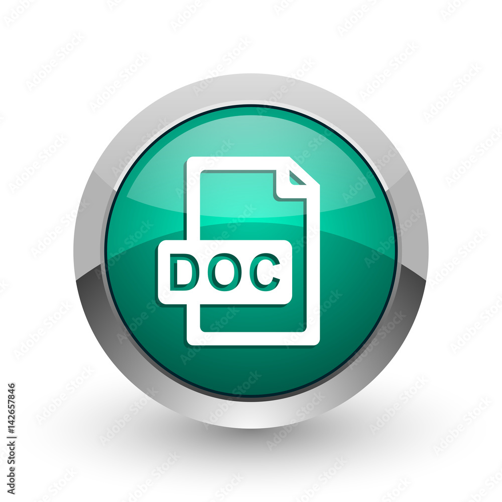 Poster Doc file silver metallic chrome web design green round internet icon with shadow on white background.