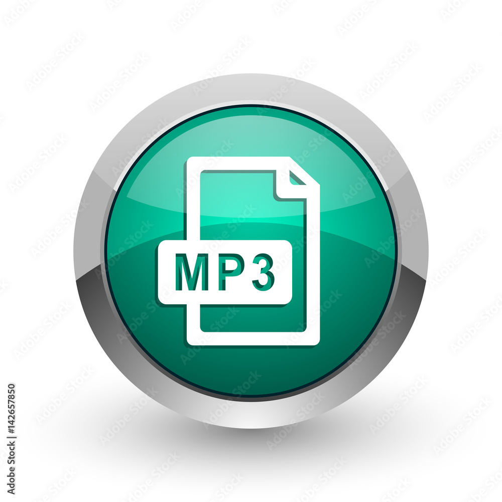 Poster mp3 file silver metallic chrome web design green round internet icon with shadow on white background