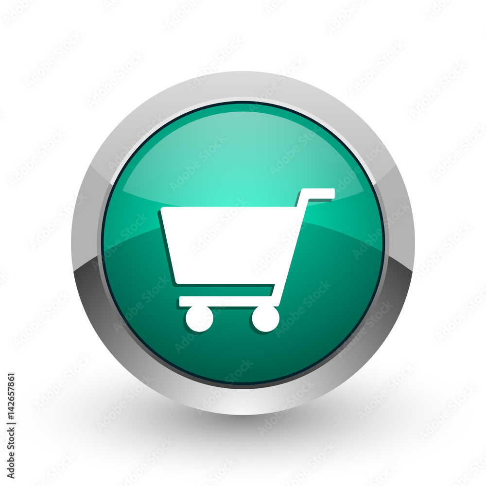 Poster cart silver metallic chrome web design green round internet icon with shadow on white background.