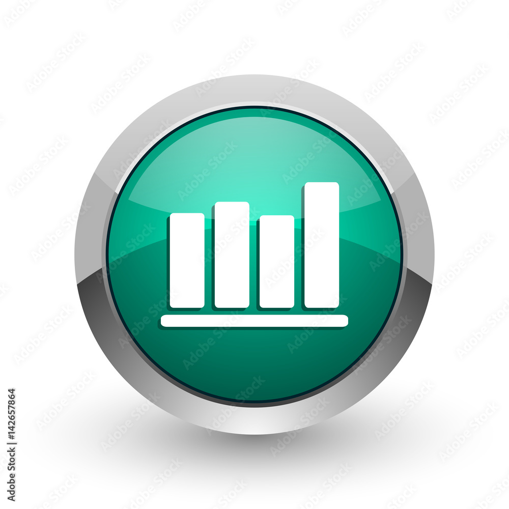 Poster Bar chart silver metallic chrome web design green round internet icon with shadow on white background.