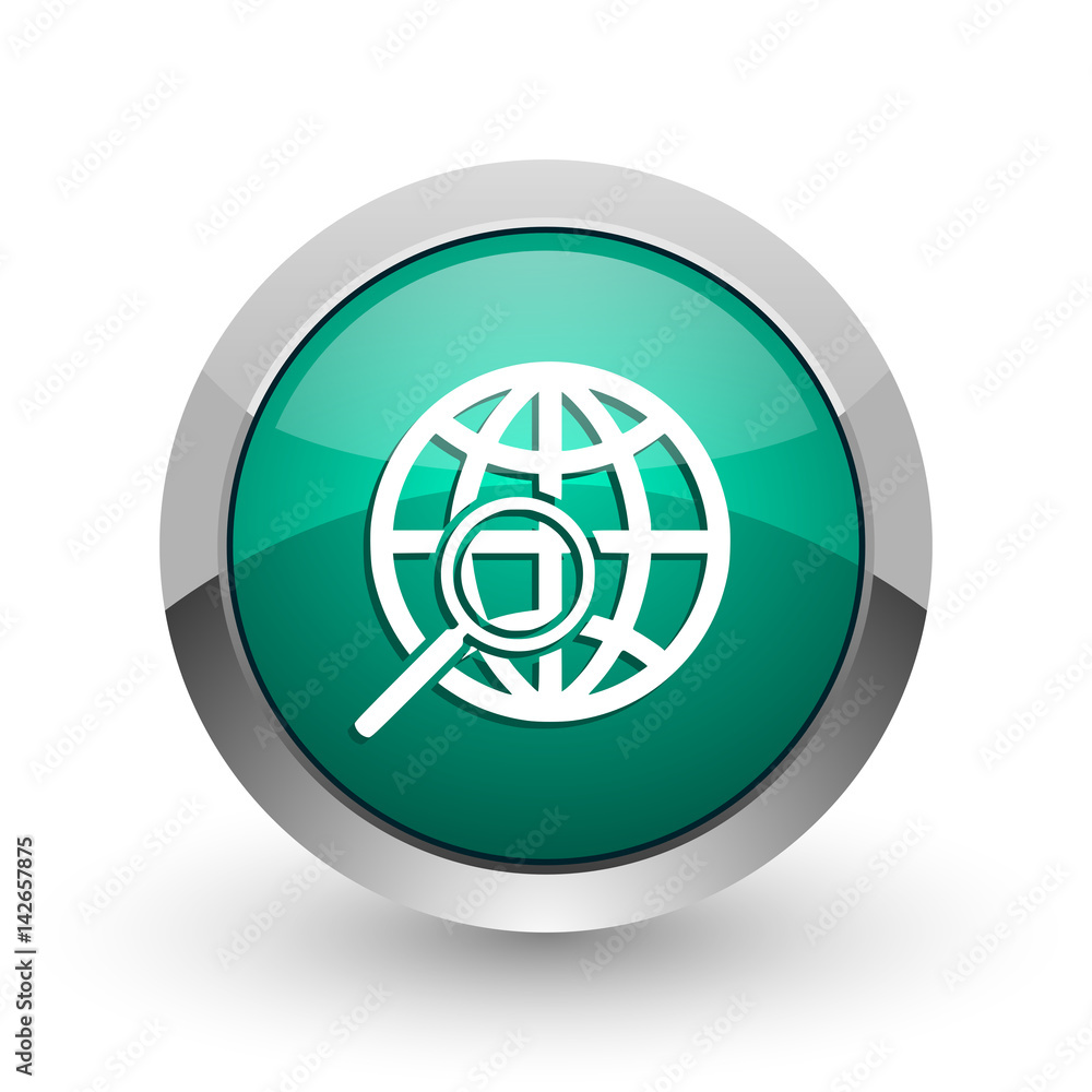 Poster search silver metallic chrome web design green round internet icon with shadow on white background.
