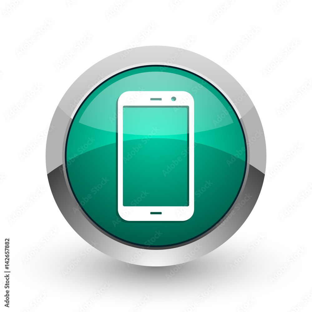 Poster smartphone silver metallic chrome web design green round internet icon with shadow on white backgrou