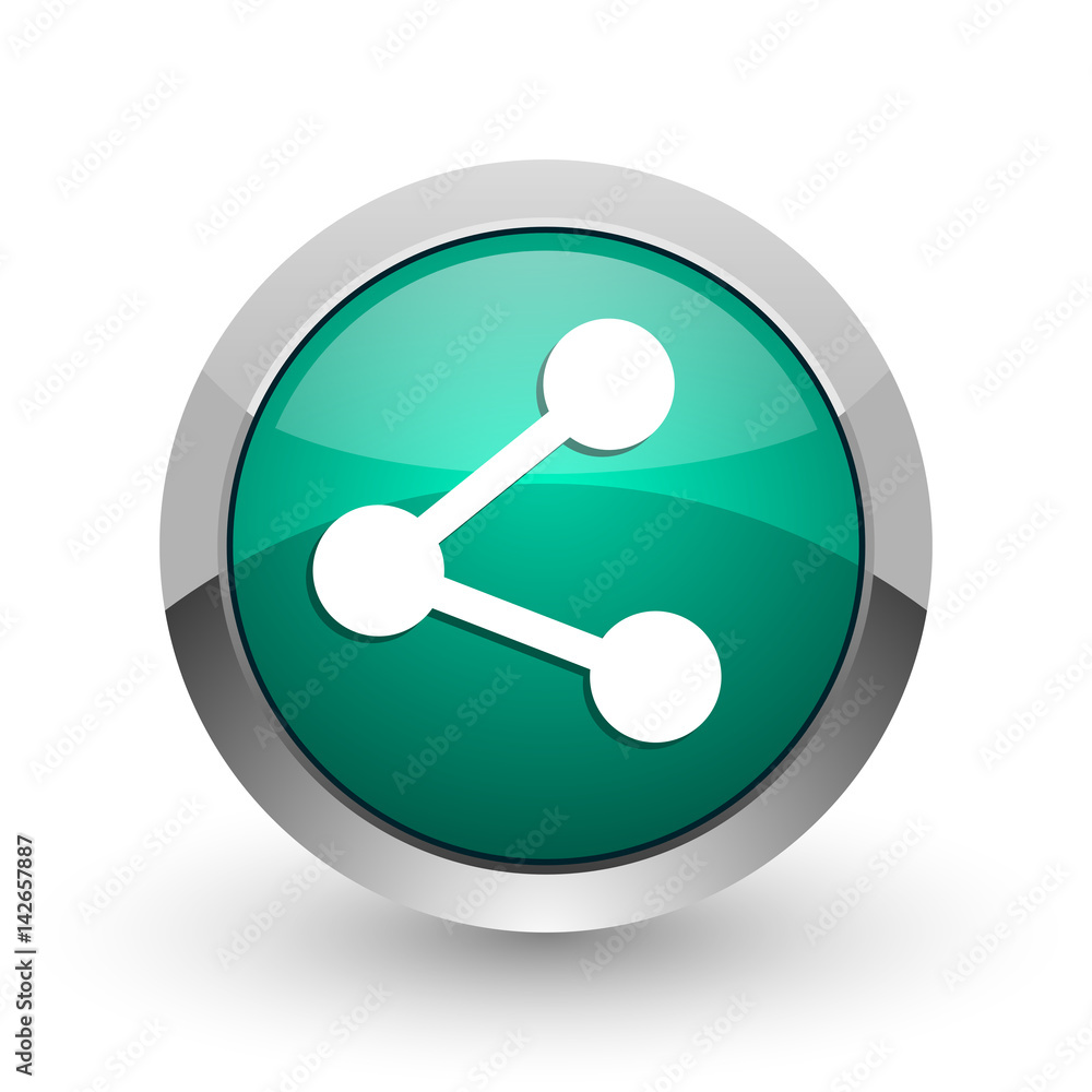 Aufkleber Share silver metallic chrome web design green round internet icon with shadow on white background.
