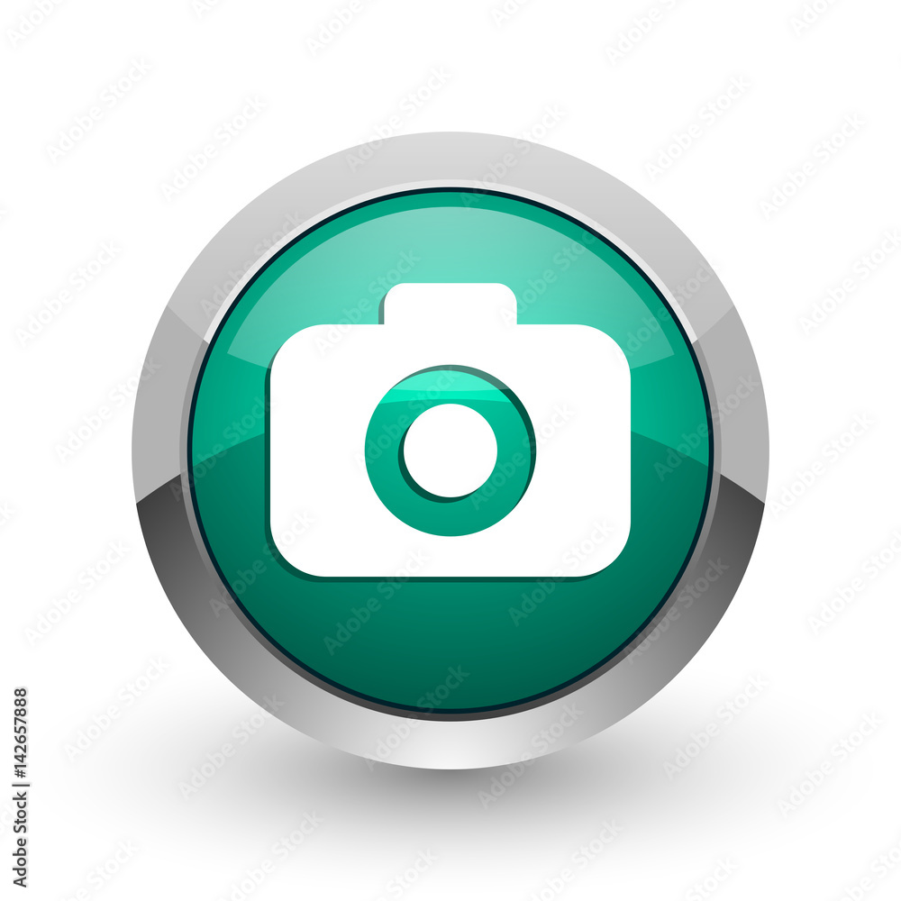 Poster Photo camera silver metallic chrome web design green round internet icon with shadow on white background.