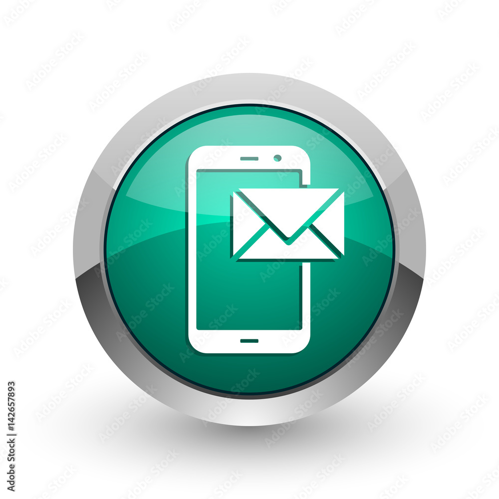 Poster Mail silver metallic chrome web design green round internet icon with shadow on white background.
