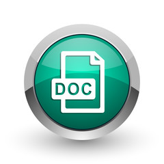 Doc file silver metallic chrome web design green round internet icon with shadow on white background.