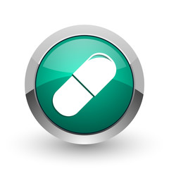 Drugs silver metallic chrome web design green round internet icon with shadow on white background.