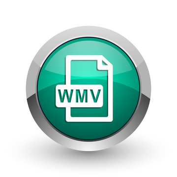 Wmv file silver metallic chrome web design green round internet icon with shadow on white background.