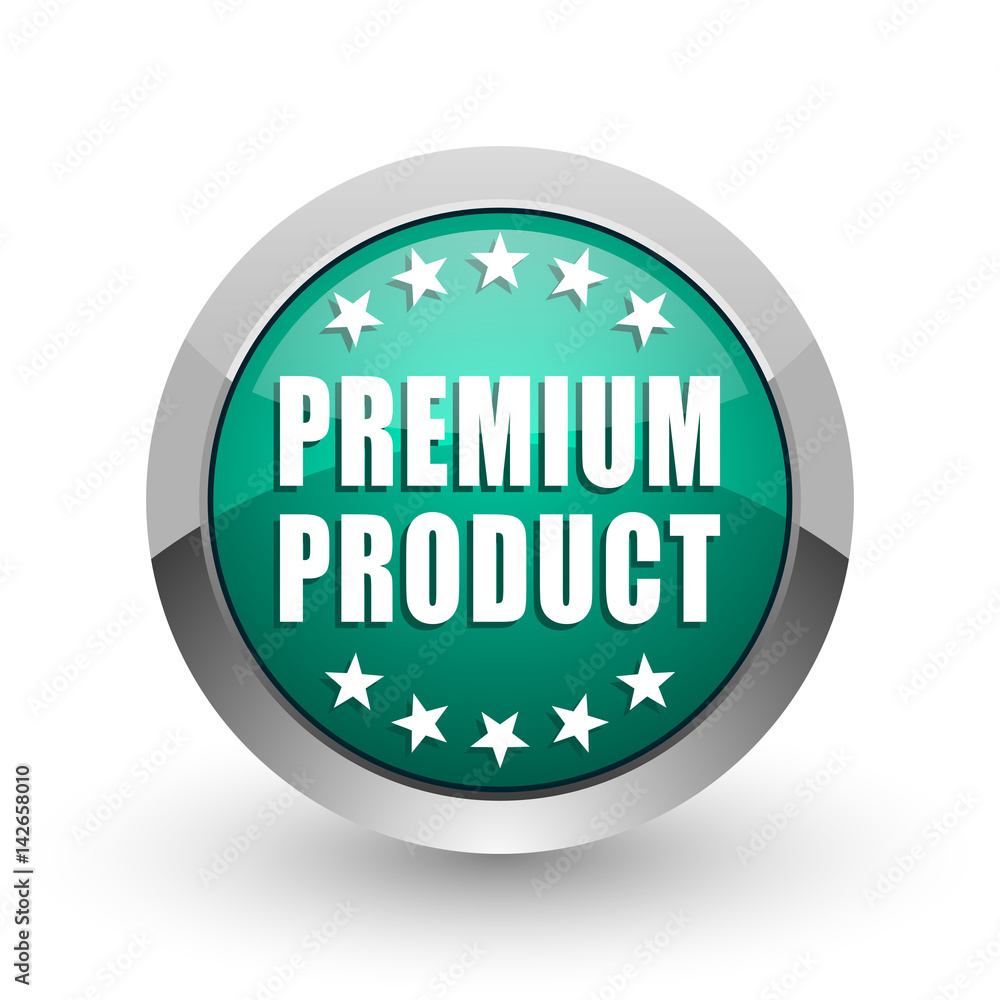 Aufkleber premium product silver metallic chrome web design green round internet icon with shadow on white bac