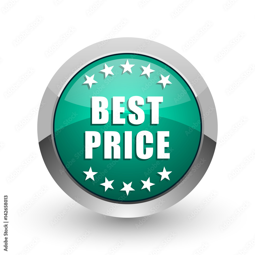 Poster Best price silver metallic chrome web design green round internet icon with shadow on white background.