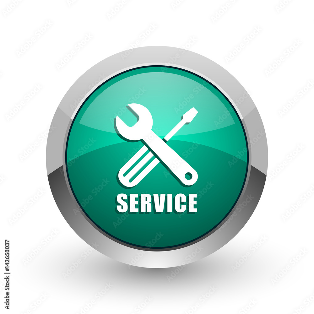 Poster service silver metallic chrome web design green round internet icon with shadow on white background.
