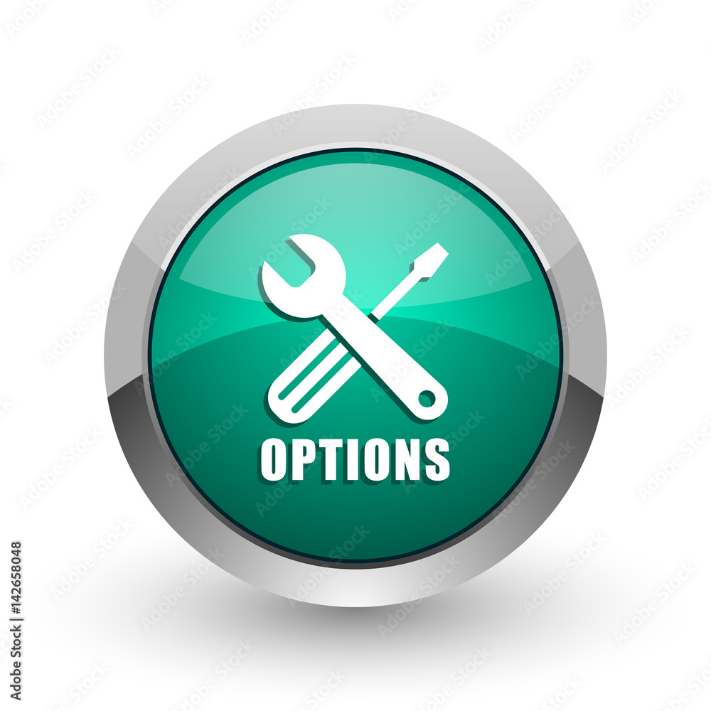 Poster Options silver metallic chrome web design green round internet icon with shadow on white background.
