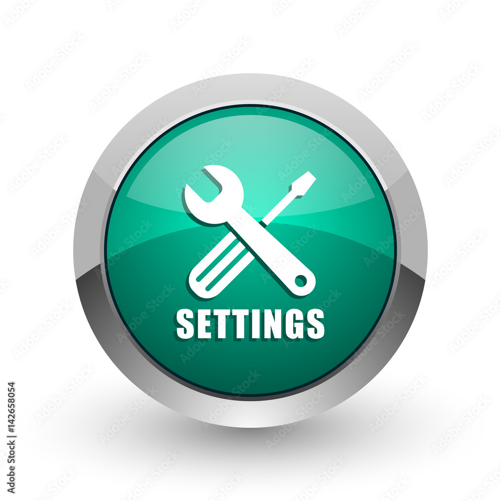 Aufkleber settings silver metallic chrome web design green round internet icon with shadow on white background