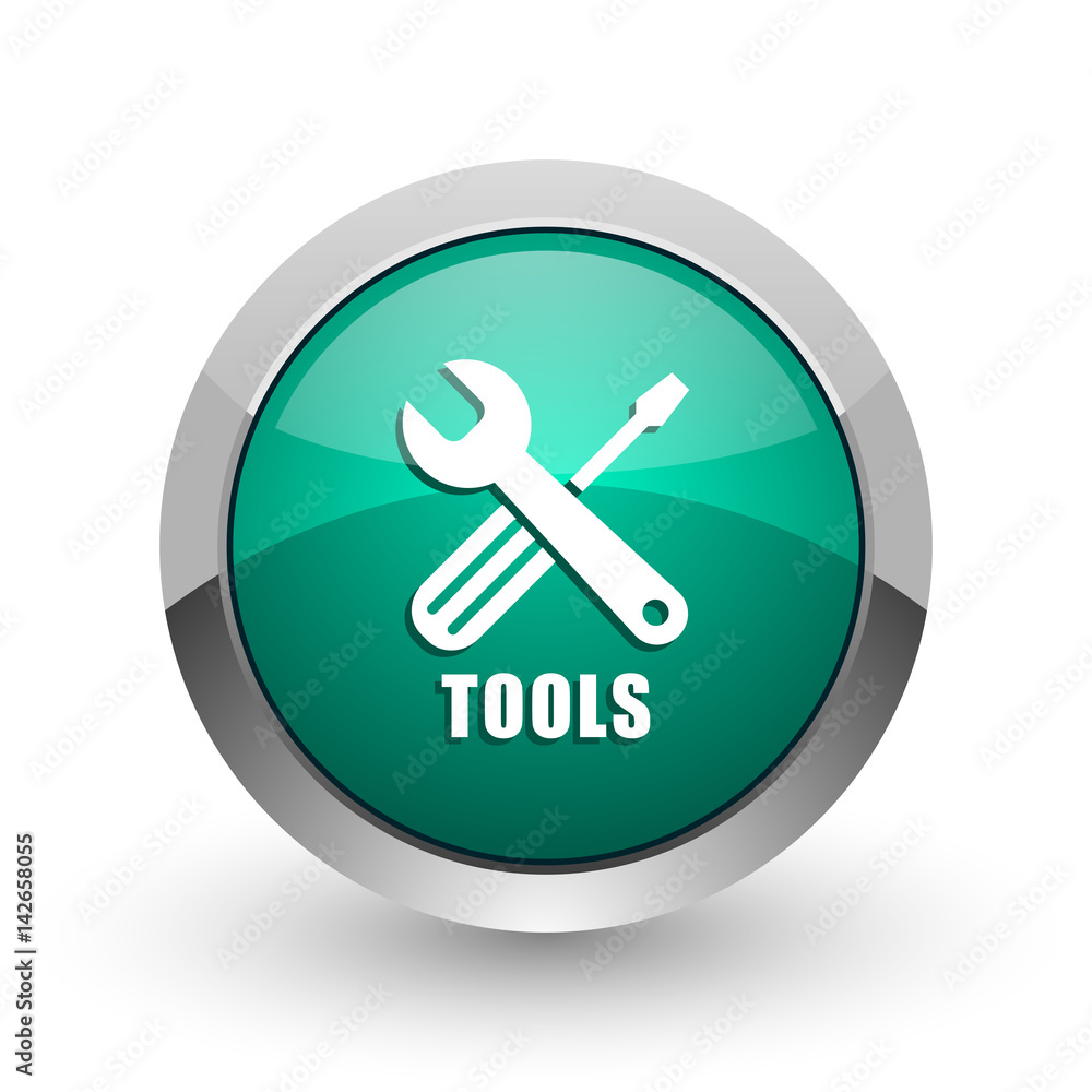 Poster tools silver metallic chrome web design green round internet icon with shadow on white background.