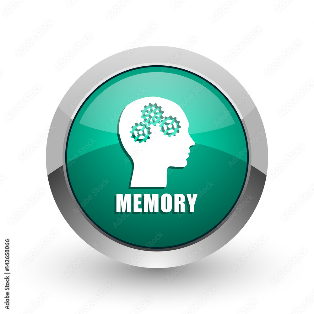 Poster Memory silver metallic chrome web design green round internet icon with shadow on white background.