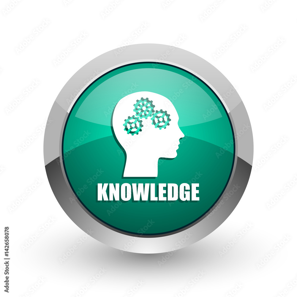 Poster Knowledge silver metallic chrome web design green round internet icon with shadow on white background.