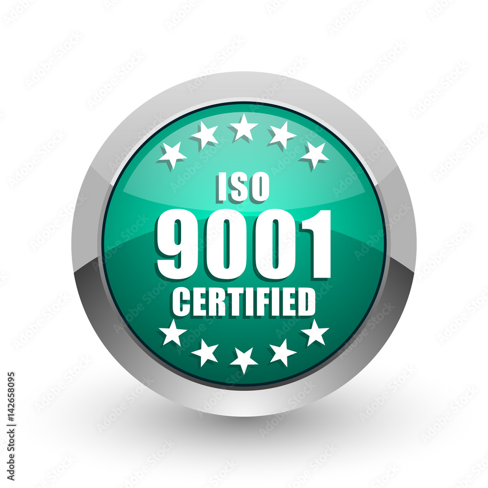 Poster iso 9001 silver metallic chrome web design green round internet icon with shadow on white background