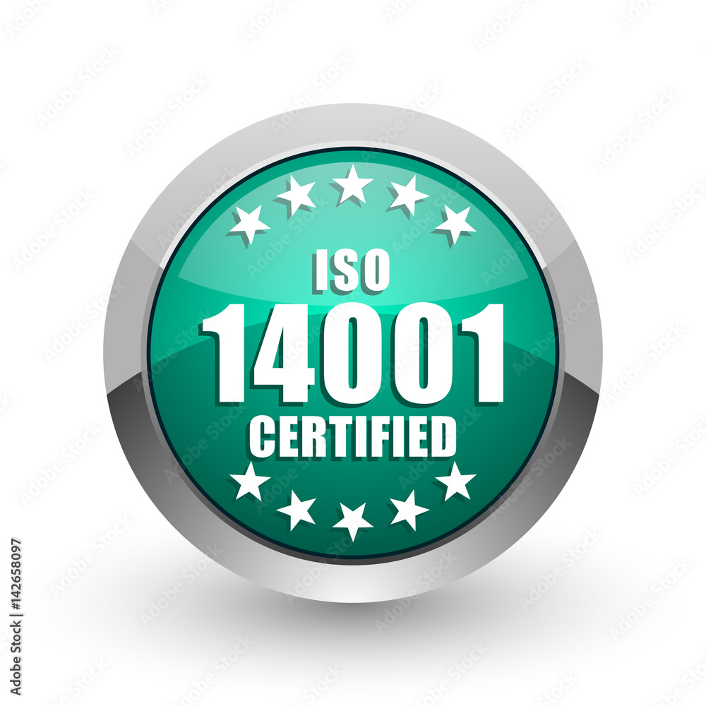 Poster Iso 14001 silver metallic chrome web design green round internet icon with shadow on white background.