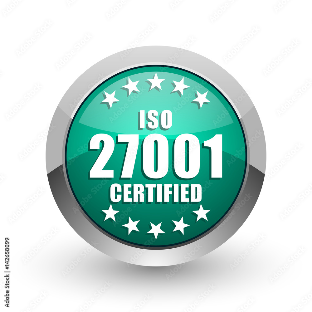 Poster iso 27001 silver metallic chrome web design green round internet icon with shadow on white backgroun
