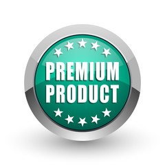 Premium product silver metallic chrome web design green round internet icon with shadow on white background.