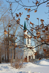 Храм Иоанна Предтечи в Нагорном парке города Барнаул, Россия. Художественное фото церкви сквозь ветви деревьев