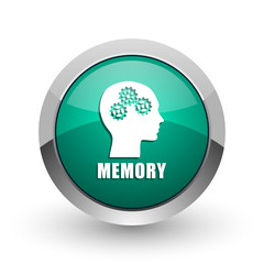 Memory silver metallic chrome web design green round internet icon with shadow on white background.