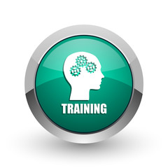 Training silver metallic chrome web design green round internet icon with shadow on white background.