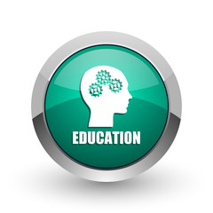 Education silver metallic chrome web design green round internet icon with shadow on white background.