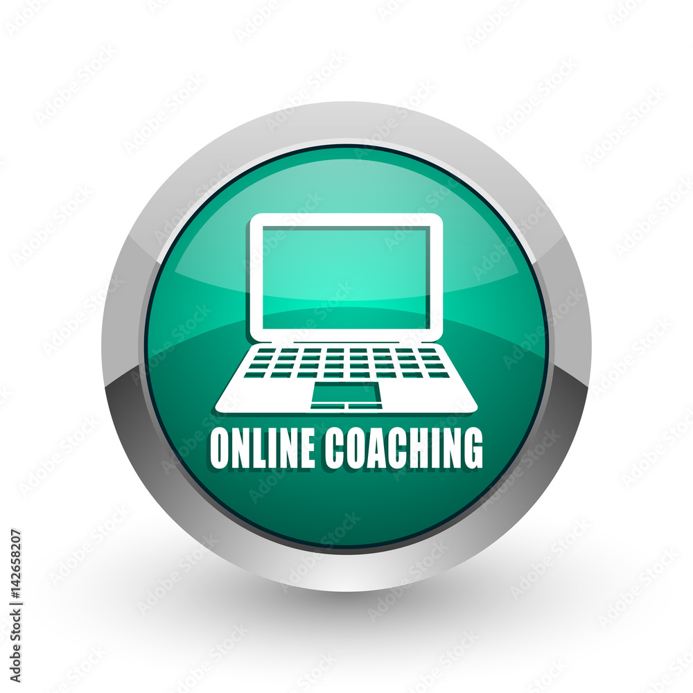 Aufkleber online coaching silver metallic chrome web design green round internet icon with shadow on white bac