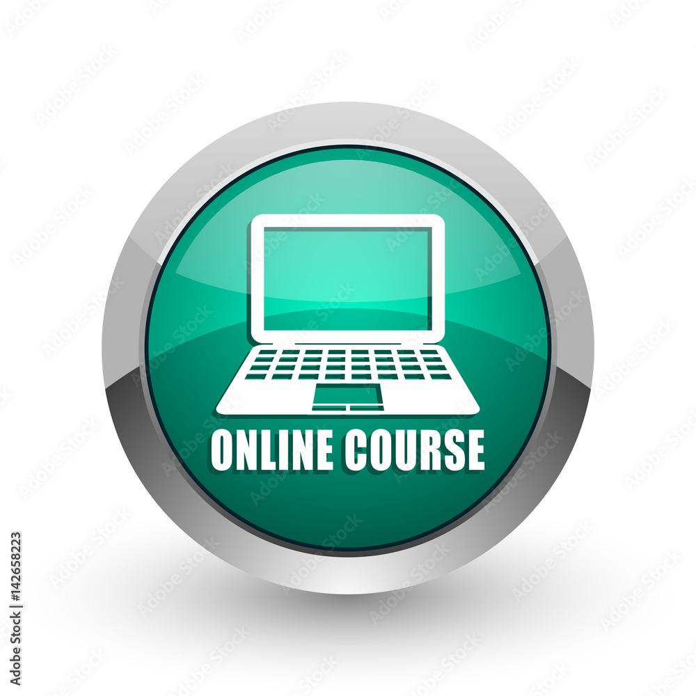 Poster online course silver metallic chrome web design green round internet icon with shadow on white backg