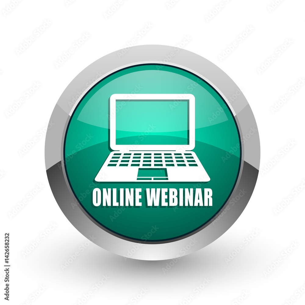 Aufkleber online webinar silver metallic chrome web design green round internet icon with shadow on white back