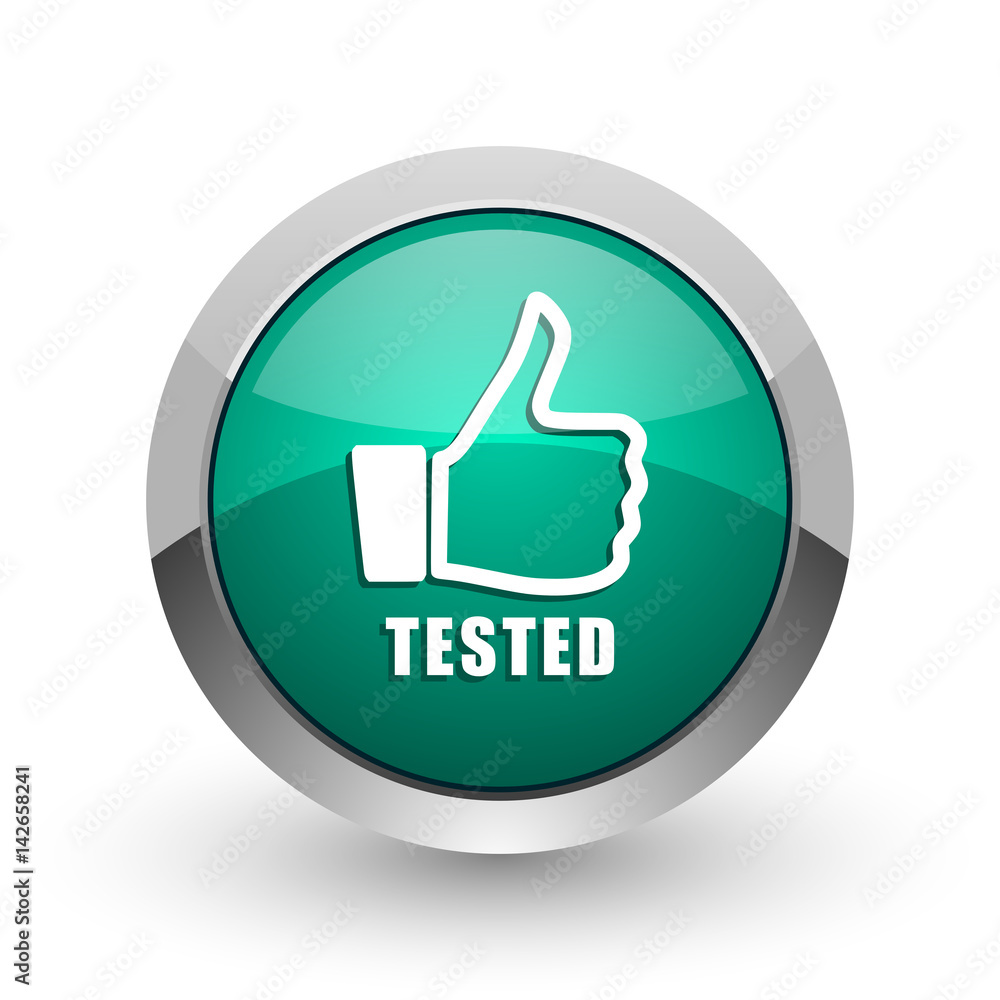 Aufkleber tested silver metallic chrome web design green round internet icon with shadow on white background.