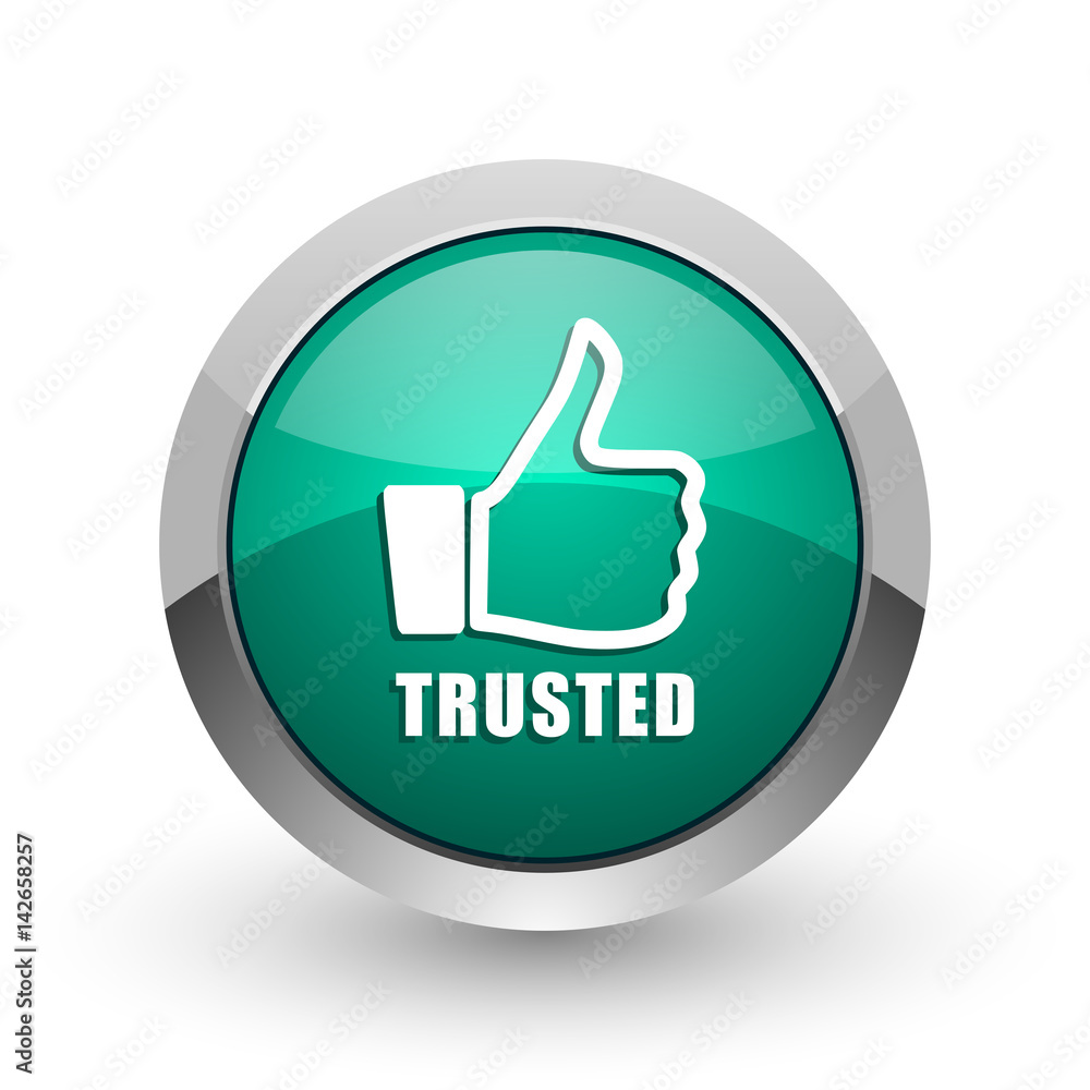 Aufkleber trusted silver metallic chrome web design green round internet icon with shadow on white background.