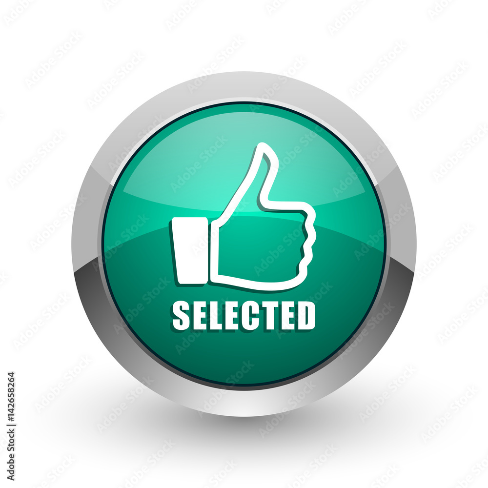 Poster Selected silver metallic chrome web design green round internet icon with shadow on white background.