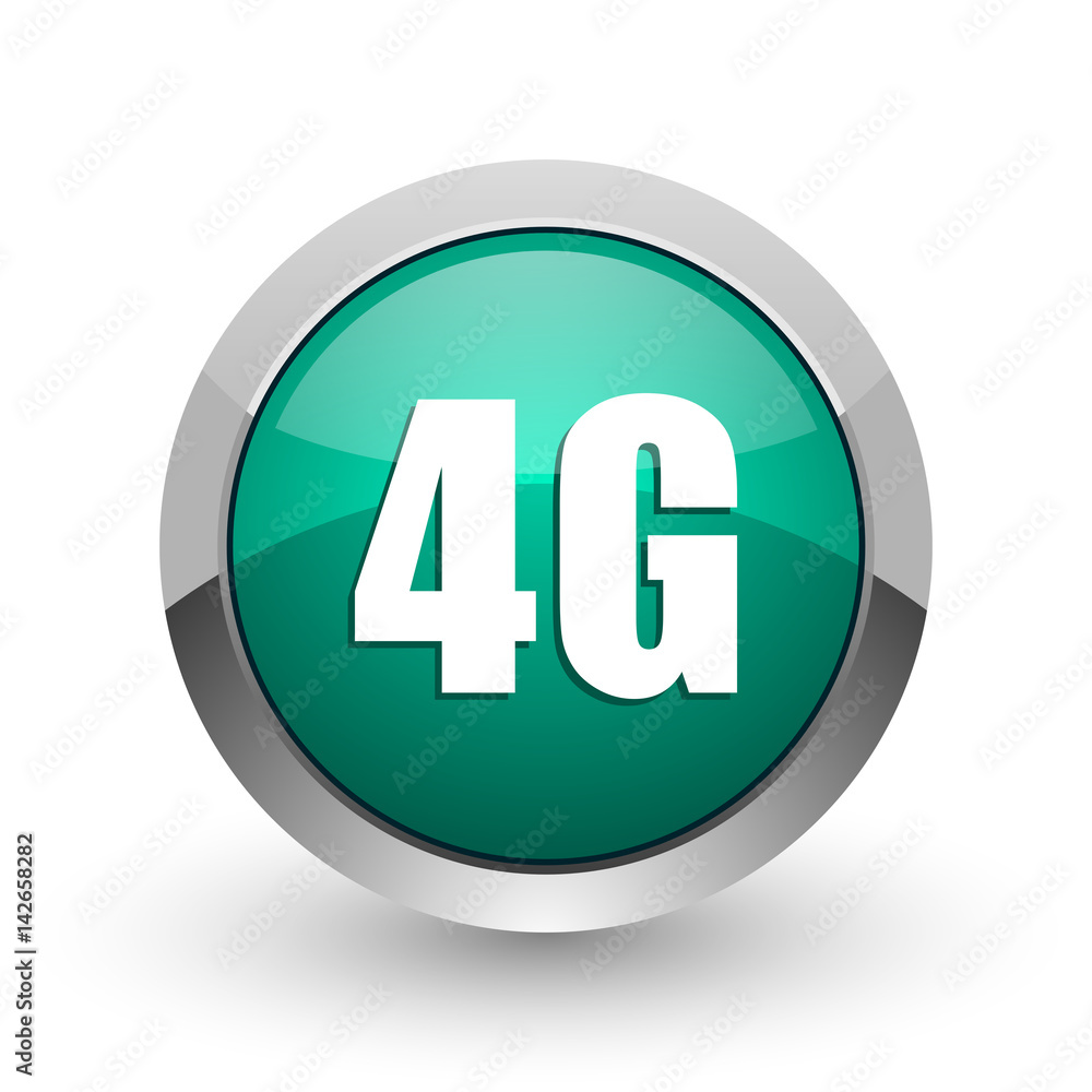 Poster 4g silver metallic chrome web design green round internet icon with shadow on white background.