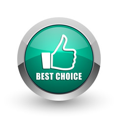 Best choice silver metallic chrome web design green round internet icon with shadow on white background.