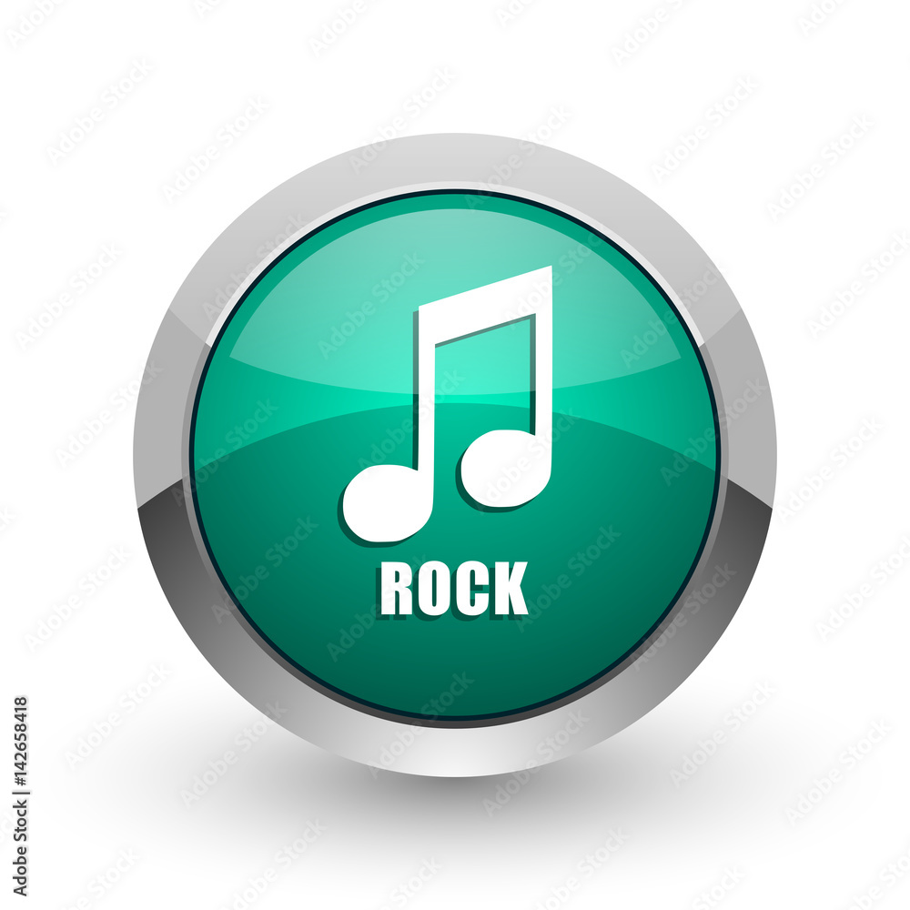 Aufkleber rock music silver metallic chrome web design green round internet icon with shadow on white backgrou