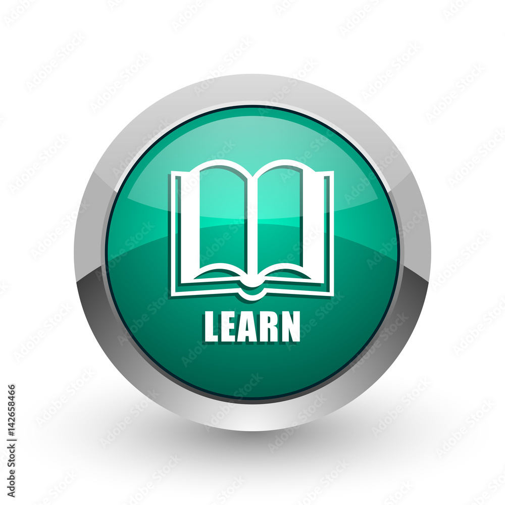 Poster learn silver metallic chrome web design green round internet icon with shadow on white background.