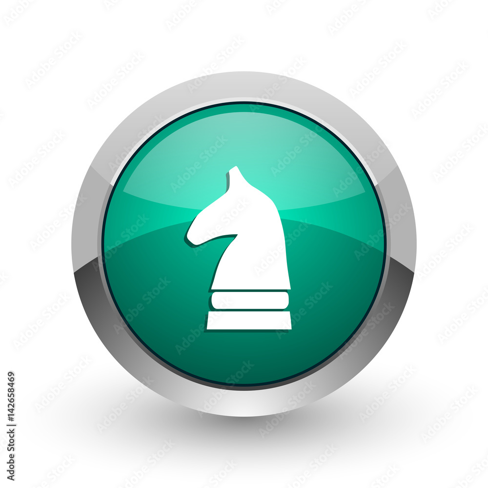 Poster chess horse silver metallic chrome web design green round internet icon with shadow on white backgro