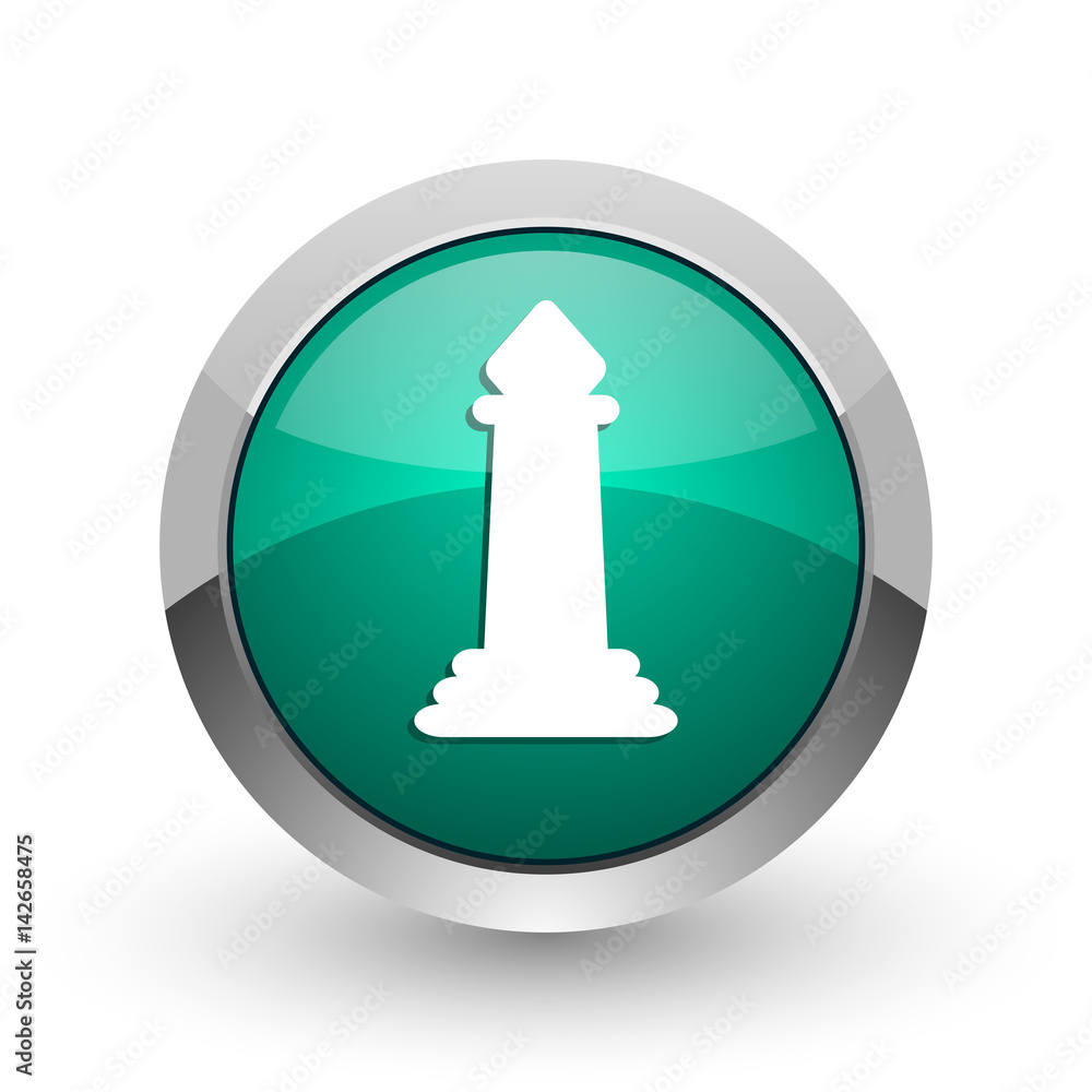 Poster Chess silver metallic chrome web design green round internet icon with shadow on white background.