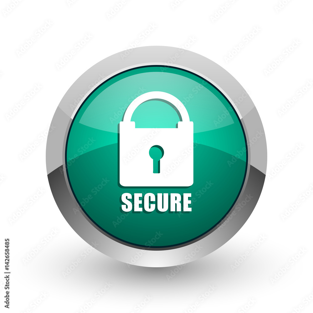 Leinwandbilder secure silver metallic chrome web design green round internet icon with shadow on white background.