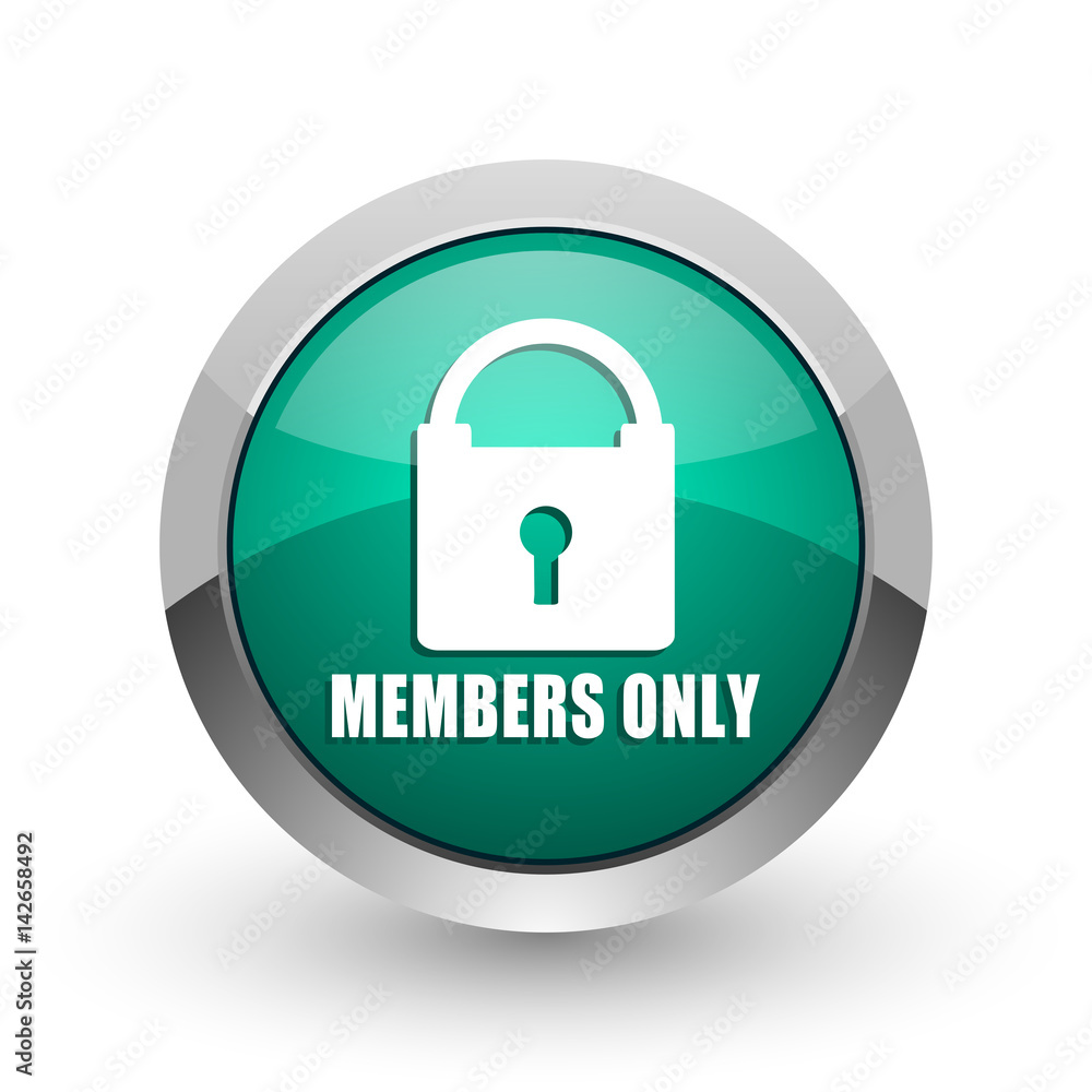 Poster members only silver metallic chrome web design green round internet icon with shadow on white backgr