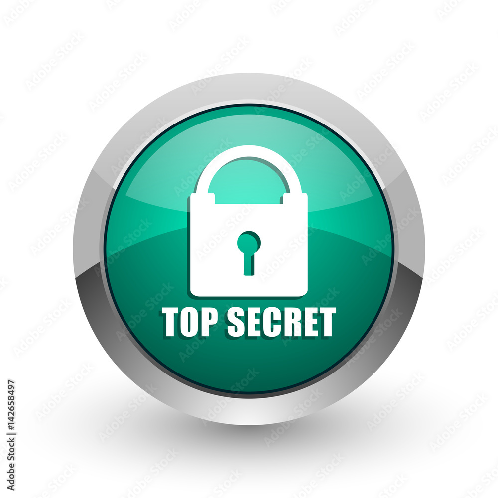 Poster Top seret silver metallic chrome web design green round internet icon with shadow on white background.