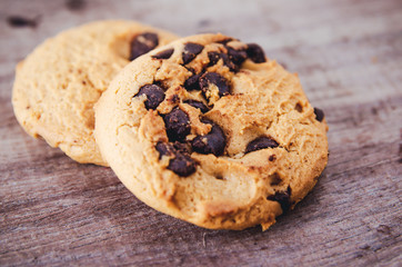  Chocolate chip cookies on old wooden table