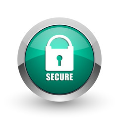 Secure silver metallic chrome web design green round internet icon with shadow on white background.