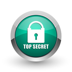 Top seret silver metallic chrome web design green round internet icon with shadow on white background.