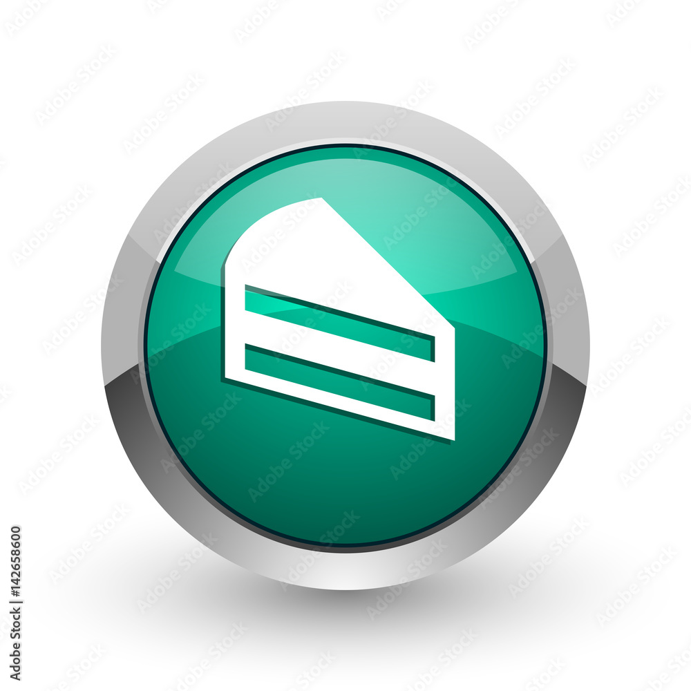 Aufkleber cake silver metallic chrome web design green round internet icon with shadow on white background.