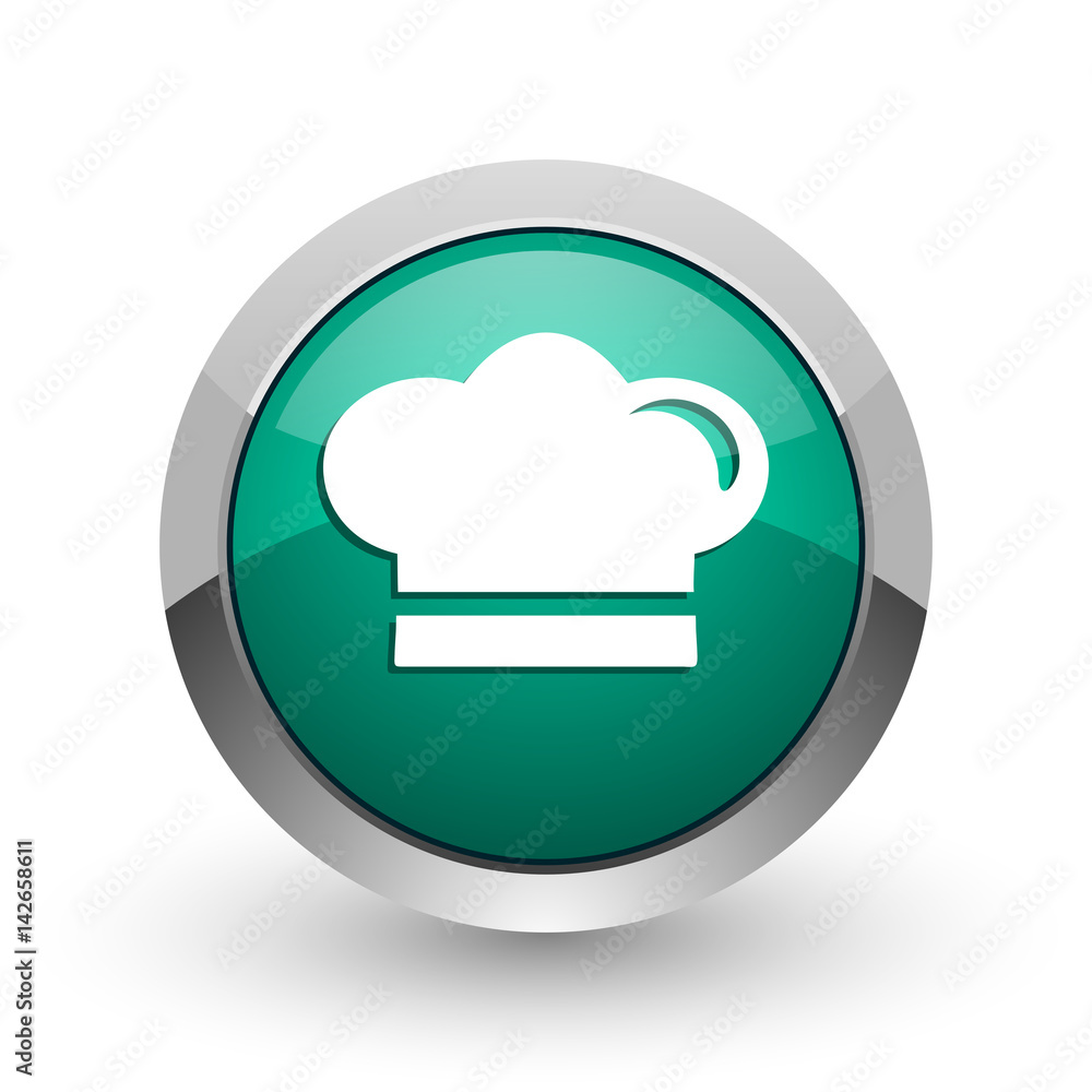 Aufkleber cook silver metallic chrome web design green round internet icon with shadow on white background.