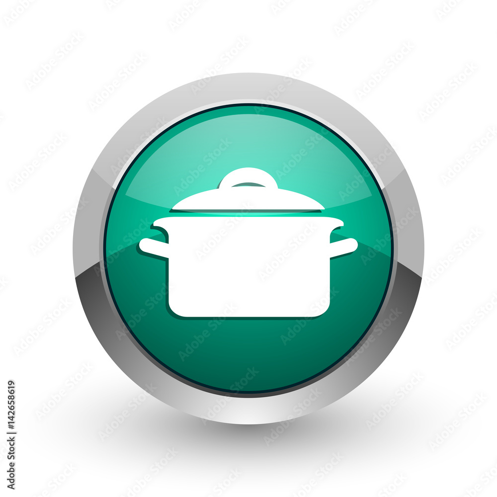 Poster cook silver metallic chrome web design green round internet icon with shadow on white background.