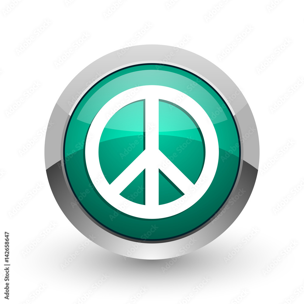 Aufkleber peace silver metallic chrome web design green round internet icon with shadow on white background.